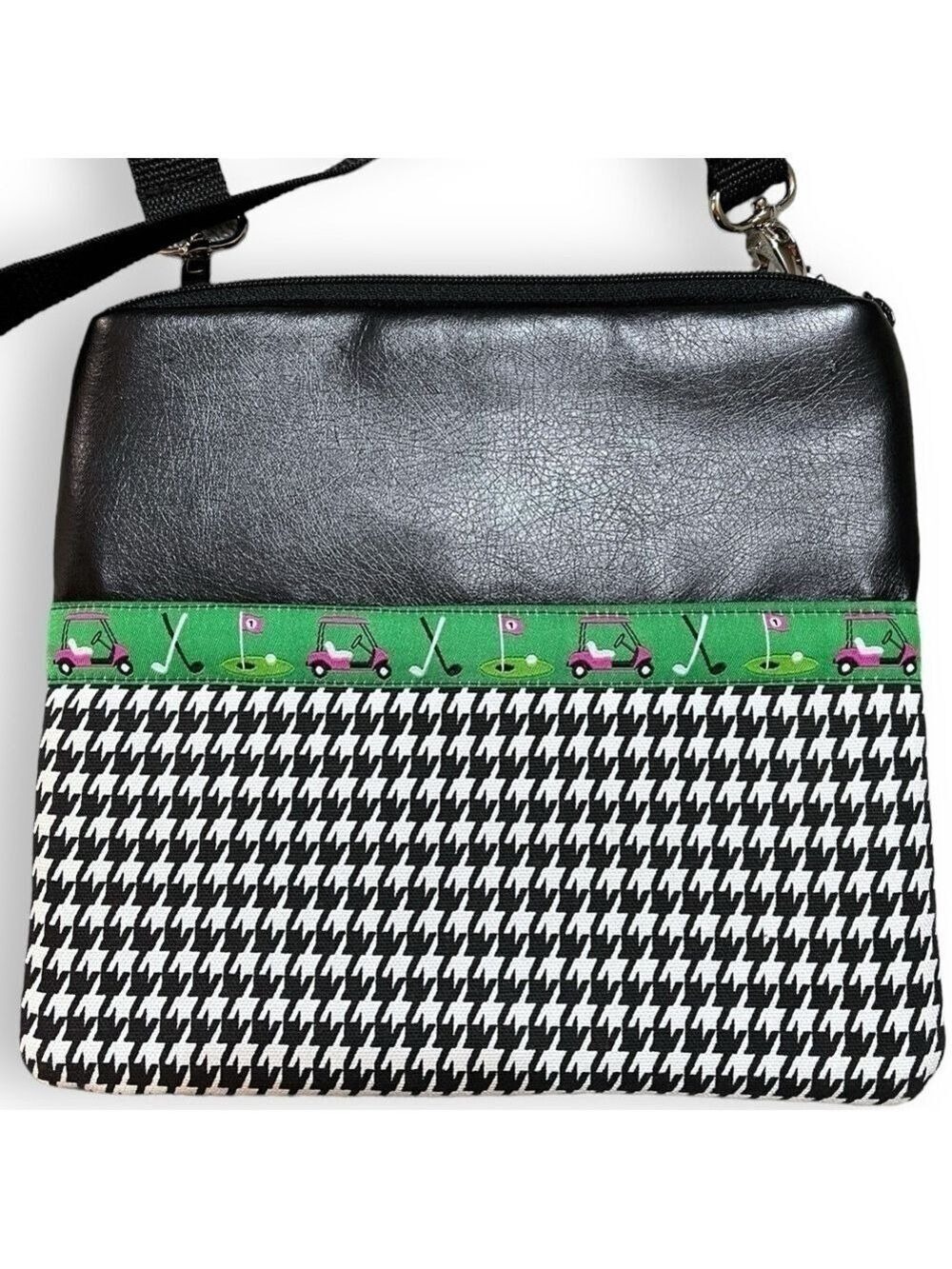 Handmade Cross-Body Golf-Themed Bag, 9”W x 8”H, Black and White Houndstooth